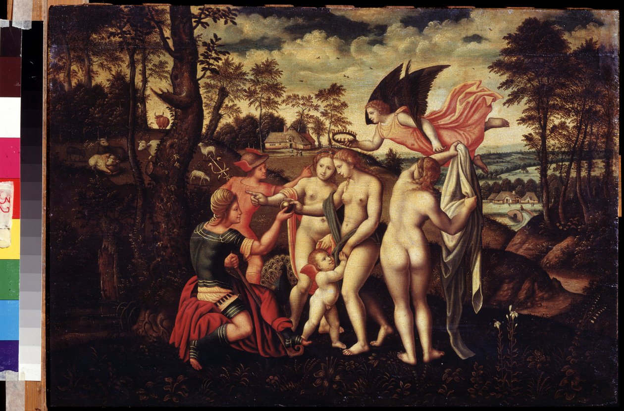 ""The judgment of Paris"" Hyrden Paris må velge hvem han vil gi gulleplet for å utpeke den vakreste av de tre gudinnene, Athena, Afrodite eller Hera. Maleri av den tyske skolen på 1500-tallet. Pushkin-museet i Moskva av German School