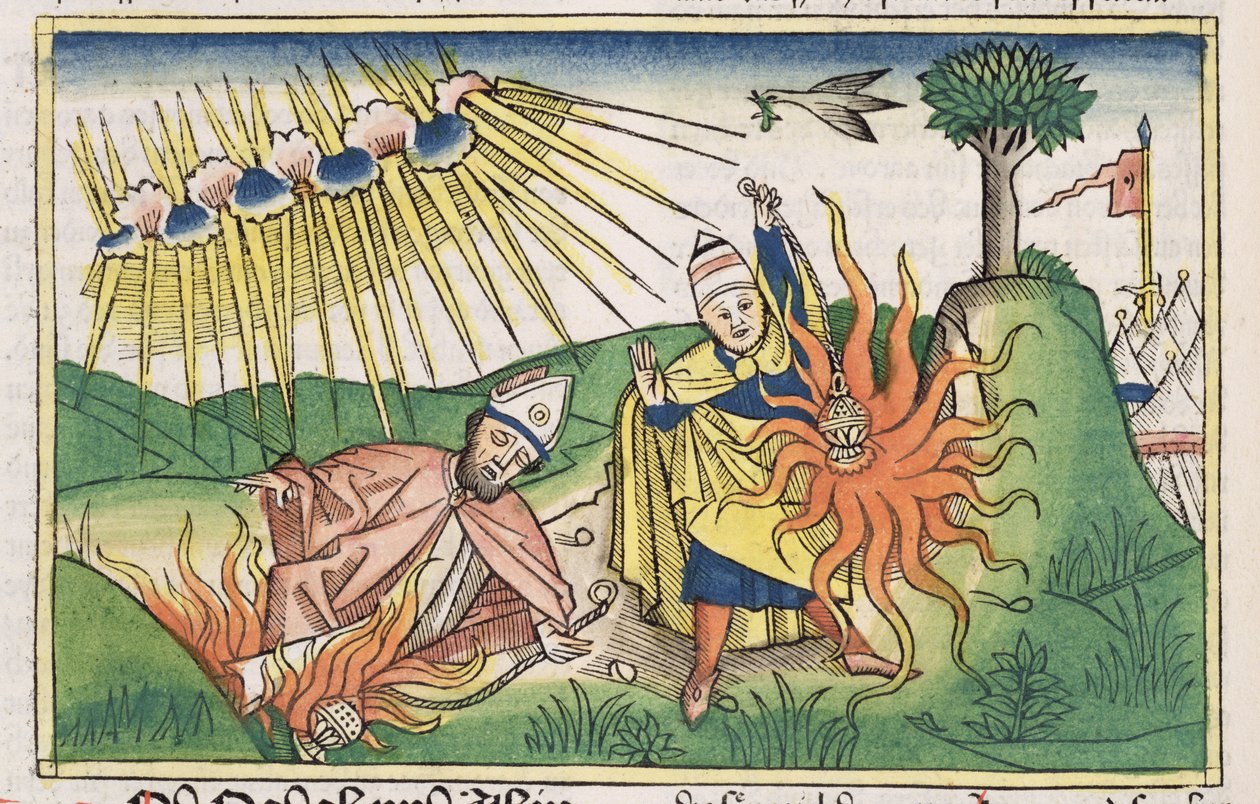 Tredje Mosebok 10 1-2 Nadab og Abihu ofrer uhellig ild og dør, fra Nürnbergbibelen (Biblia Sacra Germanaica) (farget tresnitt) av German School