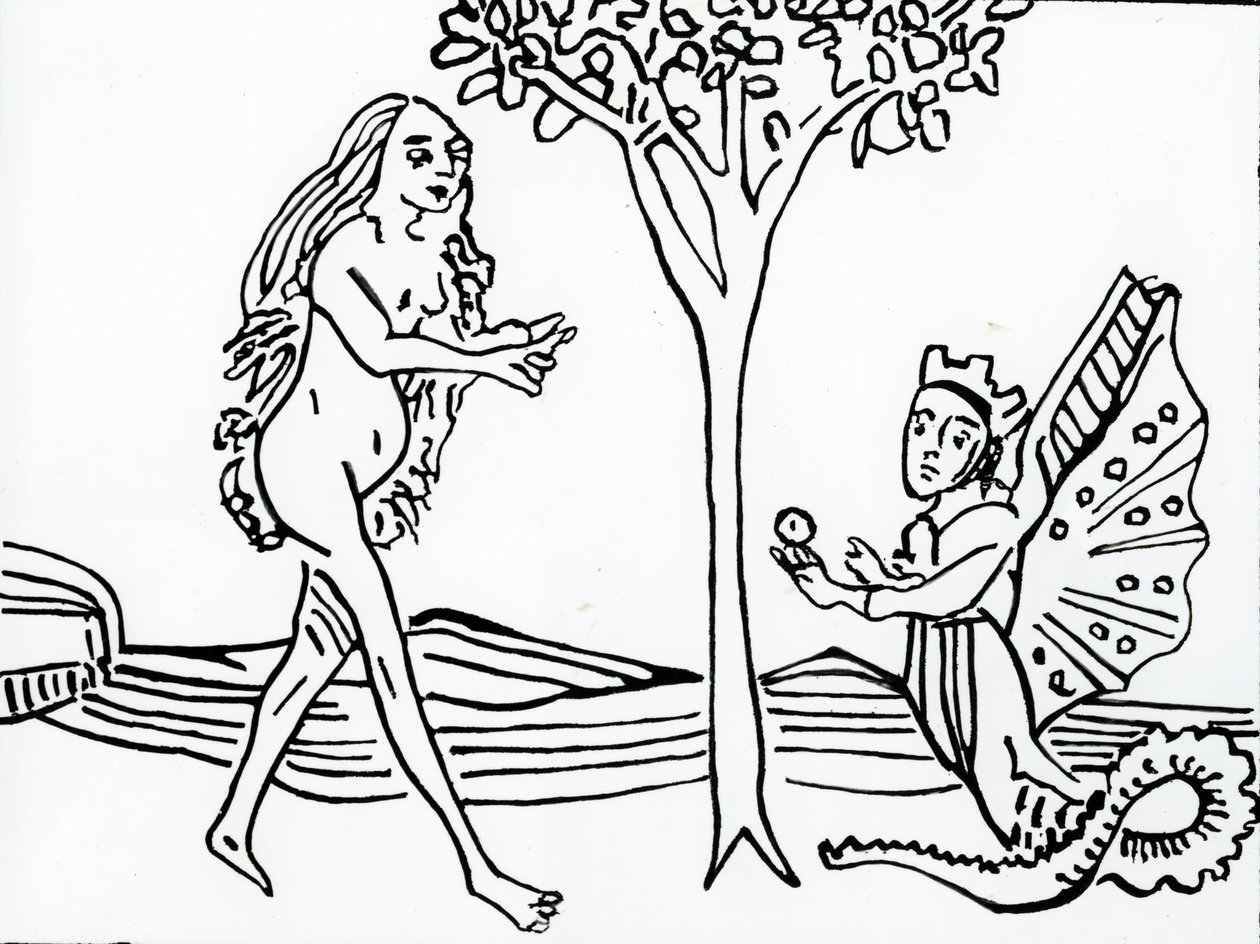Lilith, bevinget og kronet, med slangehale, tilbyr eplet til Eva, fra 