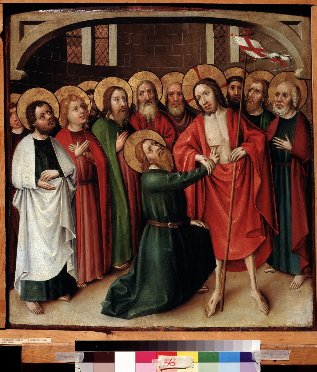 Vantroen til Saint Thomas. Jesus Kristus holder et hvitt flagg (standard) slått med et rødt kors og glorie er merket med et kors. Maleri av en schwabisk mester (aktiv rundt 1500). Olje på tre, 64 x 62 cm, v av German School