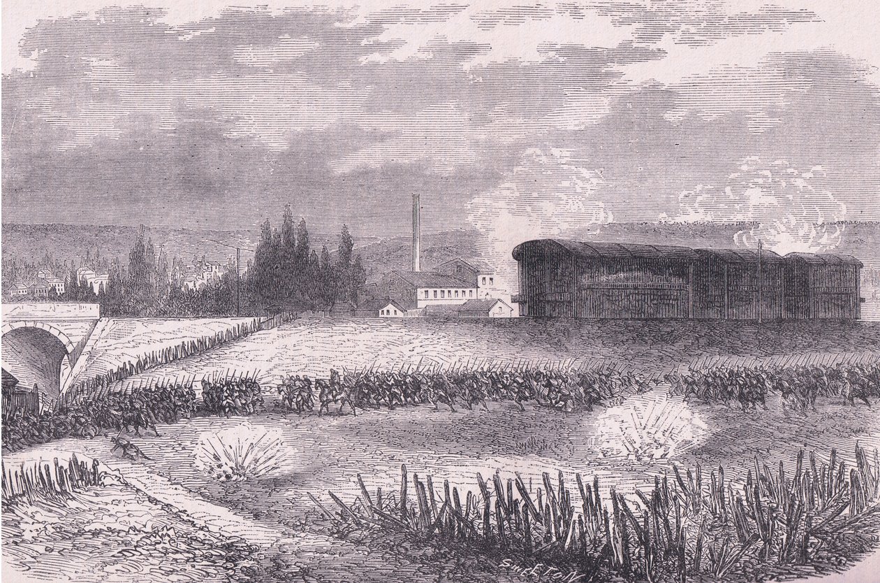 Lokomotivbatterier i aksjon, Cassells History of the War between France and Germany utgitt av Cassell and Company Limited, ca. 1890 (litho) av German School