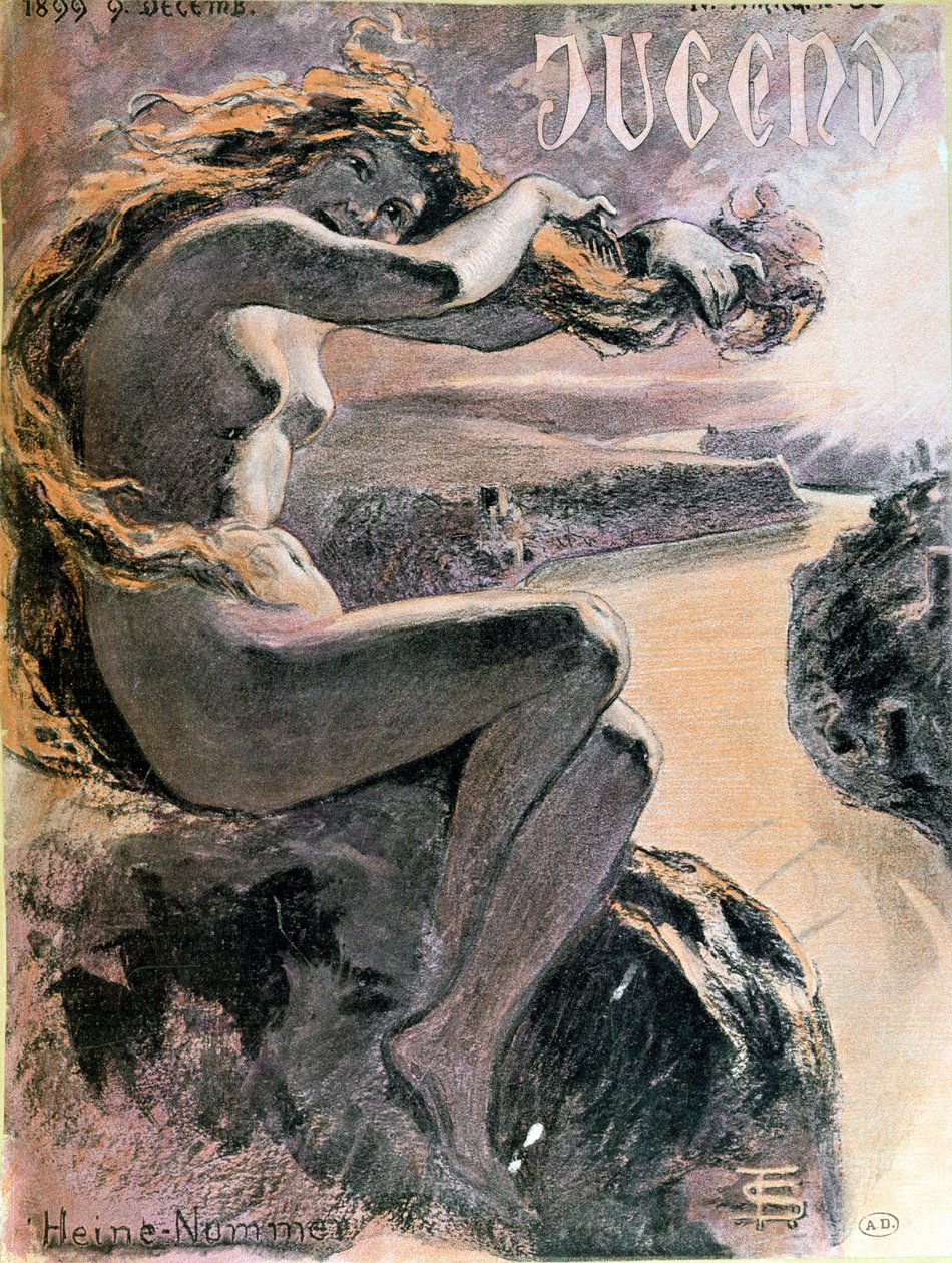 Lorelei og Rhinen, forsiden av spesialutgaven av magasinet Jugend viet poeten Heinrich Heine (1797-1856), 9. desember 1899 av German School