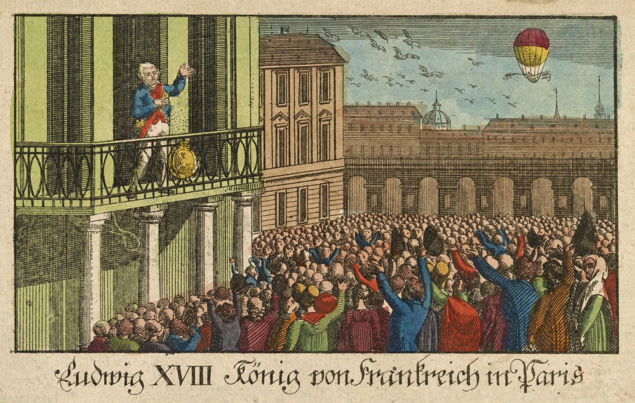 Louis XVIII, konge av Frankrike i Paris, pub. 1814 (håndfarget gravering) av German School