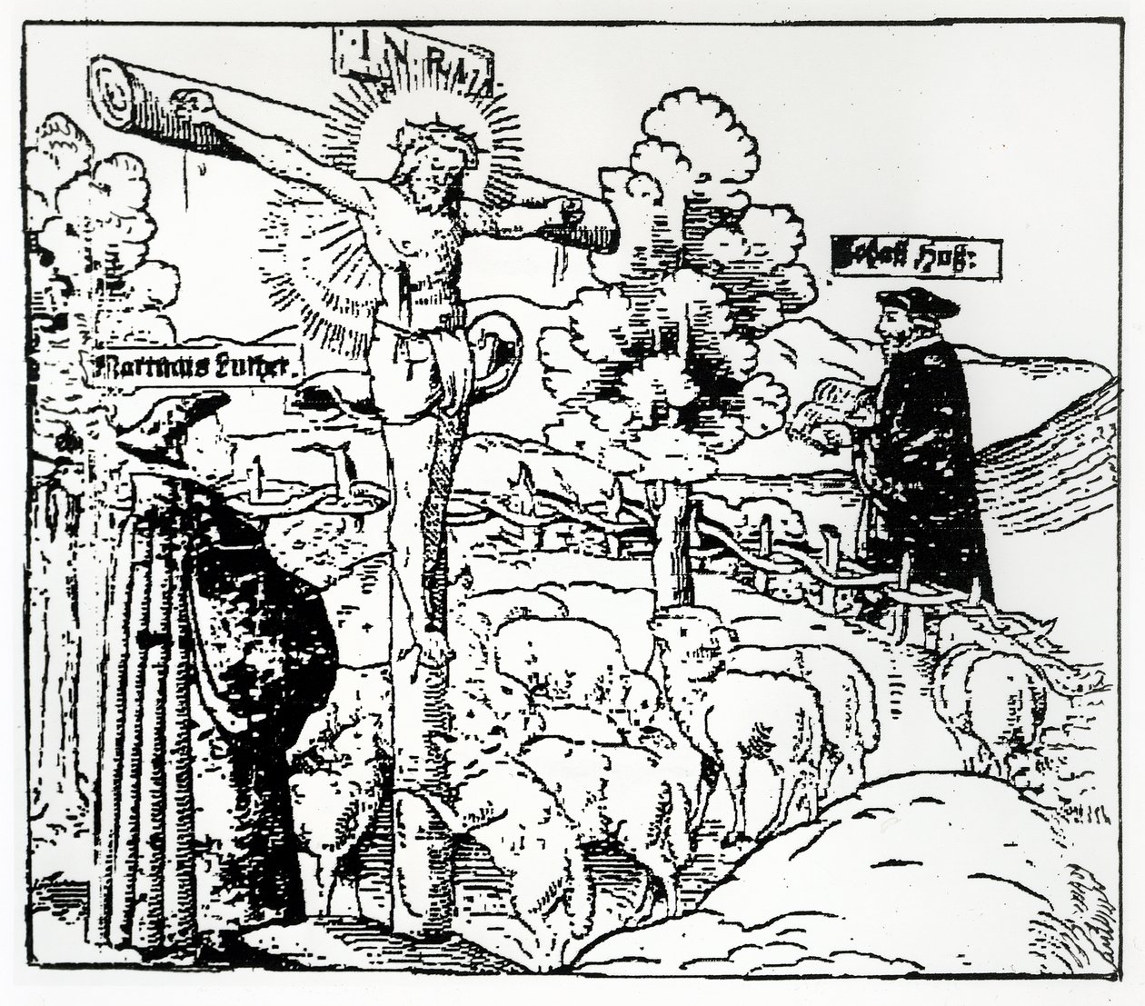 Luther (1483-1546) og Hus (1369-1415) med Kristus i sauefolden, ca. 1520-21 av German School