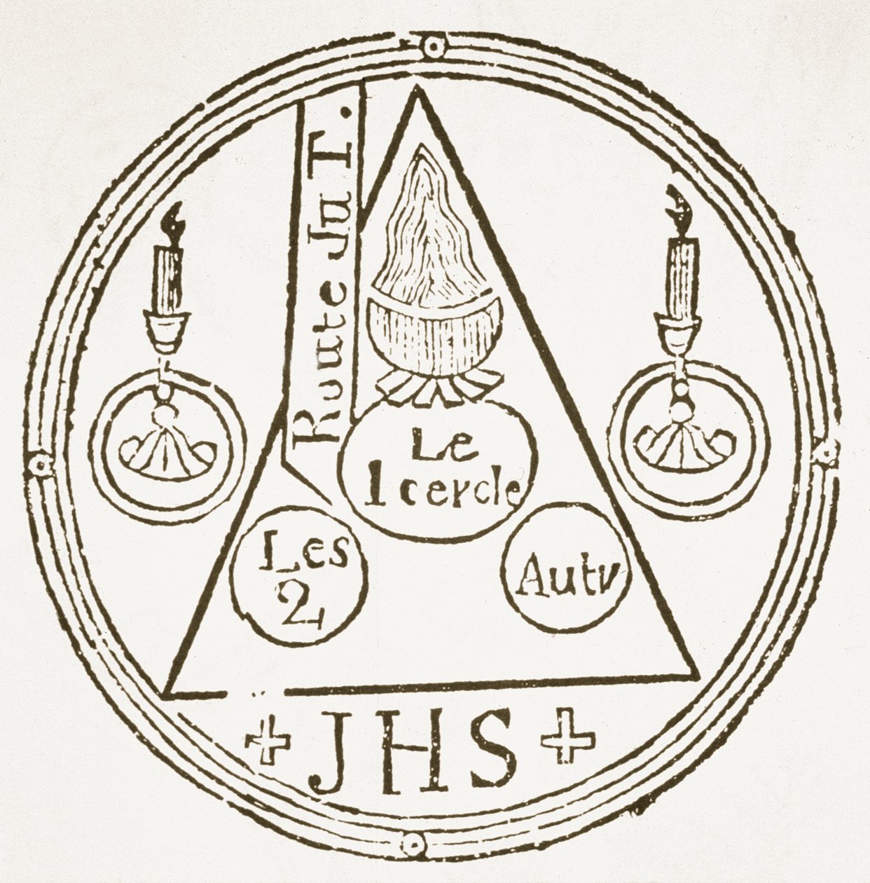 Magic Circle, kopi av en illustrasjon fra Dreyfacher Hollenzwang av Dr Faustens, Passau 1407, gjengitt i Das Kolster Vol V, av J Scheible, 1845, brukt i en History of Magic, utgitt sent på 1800-tallet av German School