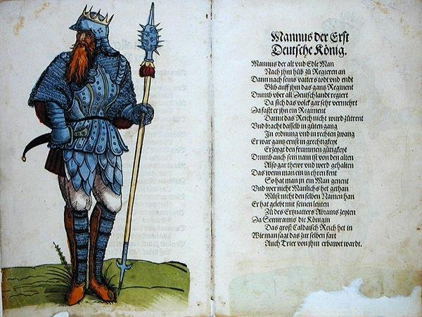 Mannus, den første tyske kongen, fra "Opprinnelsen til de første tolv gamle konger og prinser av den tyske nasjonen" av German School