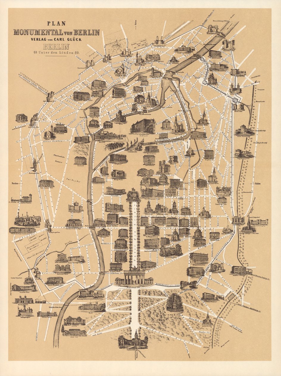 Kart over Berlin, utgitt av Carl Glueck Verlag, Berlin, 1860 av German School
