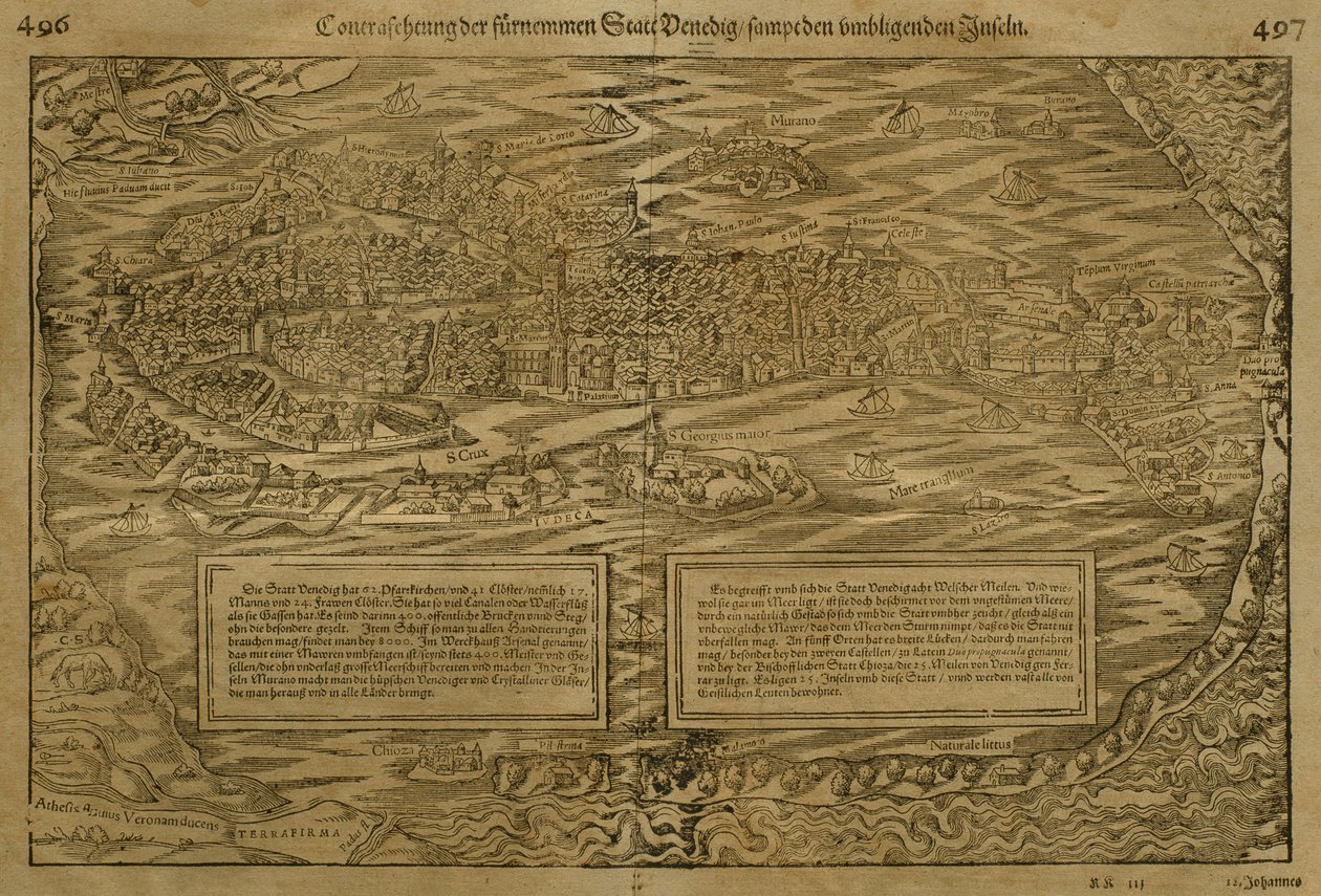 Kart over Venezia, av Sebastian Munster (1488-1552) publisert i Basel, ca. 1560 av German School