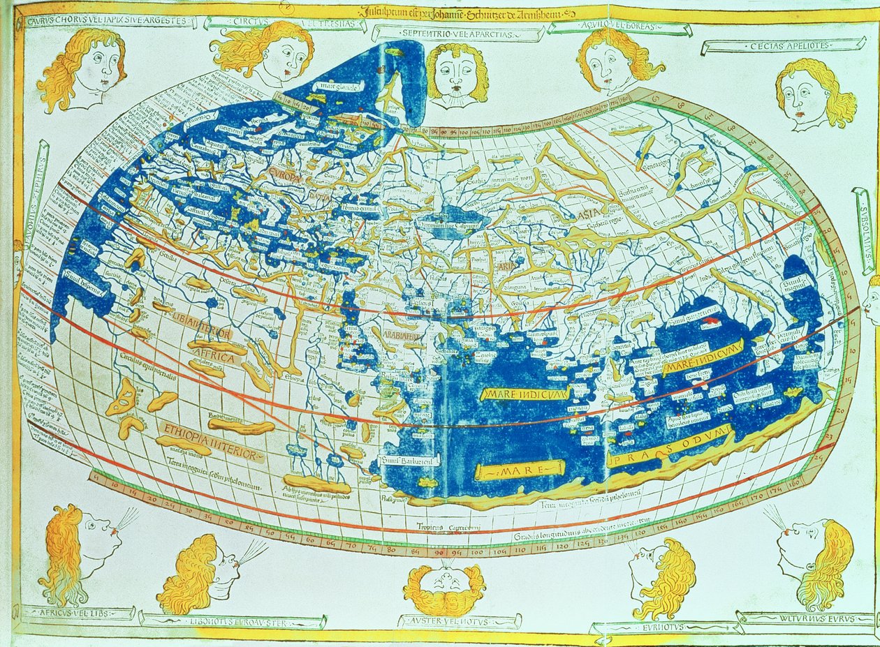 Kart over verden, basert på beskrivelser og koordinater gitt i "Geographia", av Ptolemaios (Claudius Ptolemaeus av Alexandria) (ca. 90-168 e.Kr.), publisert i Ulm, Tyskland av German School