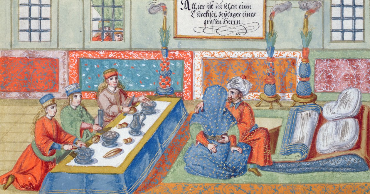 Ekteskapsscene, fra et manuskript om det osmanske riket, ca. 1600 (wc på papir) av German School