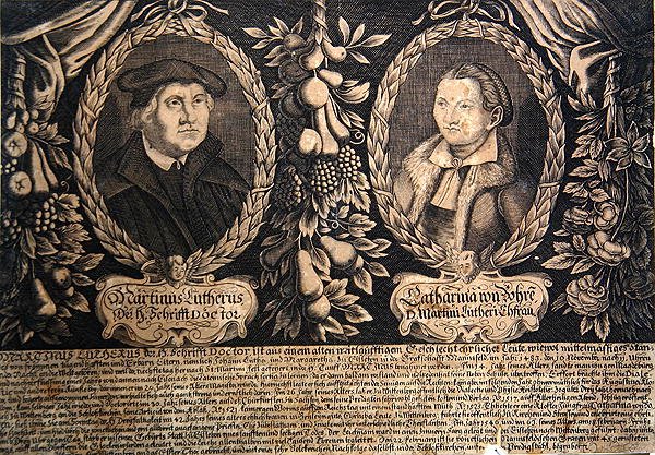 Martin Luther og kona Katharina von Bora (gravering) av German School