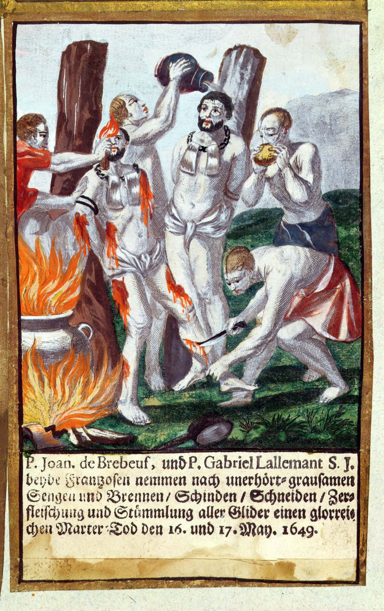 Martyrium av Jean de Brebeuf og Gabriel Lalemant av Iroquois, i Nouvelle-France 1649, fra Jesuits Martyrology, 1688 av German School