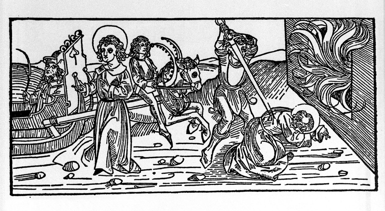 Martyrium av Saint Polycarp av Smyrna (ca. 69-155), eveque. Gravering fra "Lives of the Saints - Summer Part (book of the helgen)" av Jacobus (James) av Voragine (1228-1298) av German School