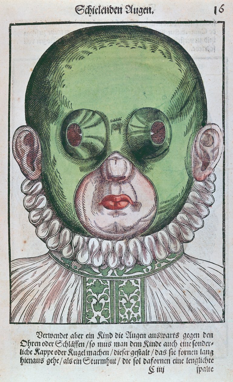 Maske for behandling av strabismus, fra Ophthalmodouleia av Georg Bartisch (1535-1636) utgitt i Dresden i 1583 (farget treblokktrykk) av German School
