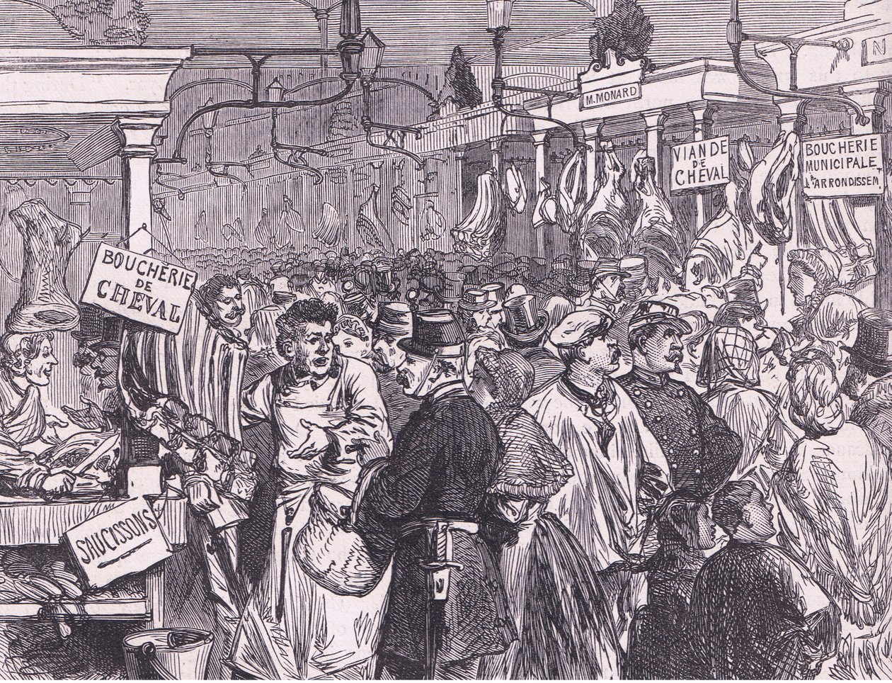 Kjøttmarked i Paris, Cassells historie om krigen mellom Frankrike og Tyskland utgitt av Cassell and Company Limited, ca. 1890 (litho) av German School