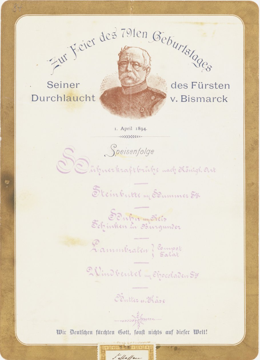 Meny ved Prince von Bismarcks 79-årsfeiring 1. april 1894 av German School