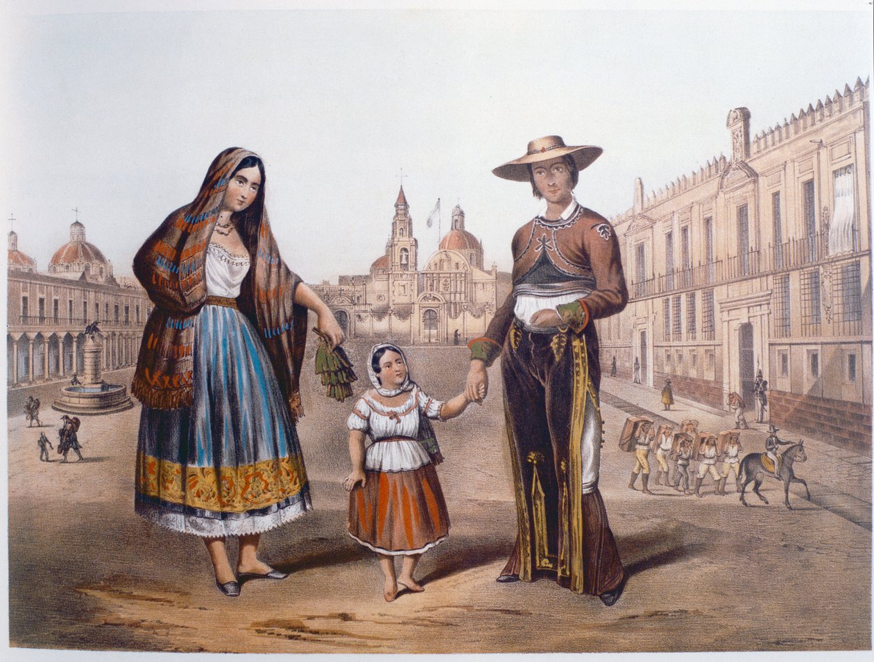 Meksikansk familie på Plaza Santo Domingo, Mexico by, ca. 1840 av German School