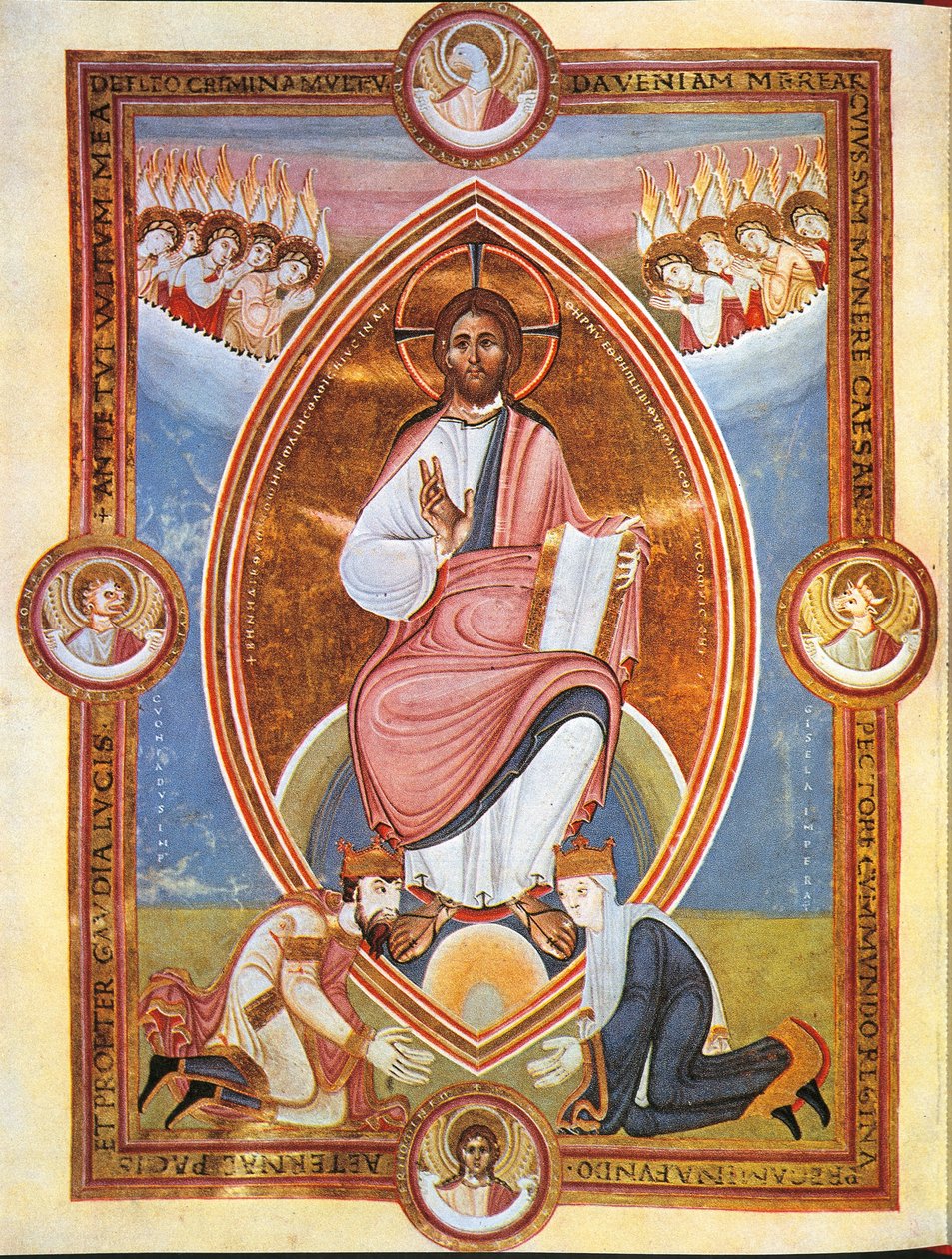 Miniatyr som viser velsignelse av Kristus i en mandelformet aureola med keiser Conrad II og keiserinne Gisela ved hans føtter (vellum) av German School