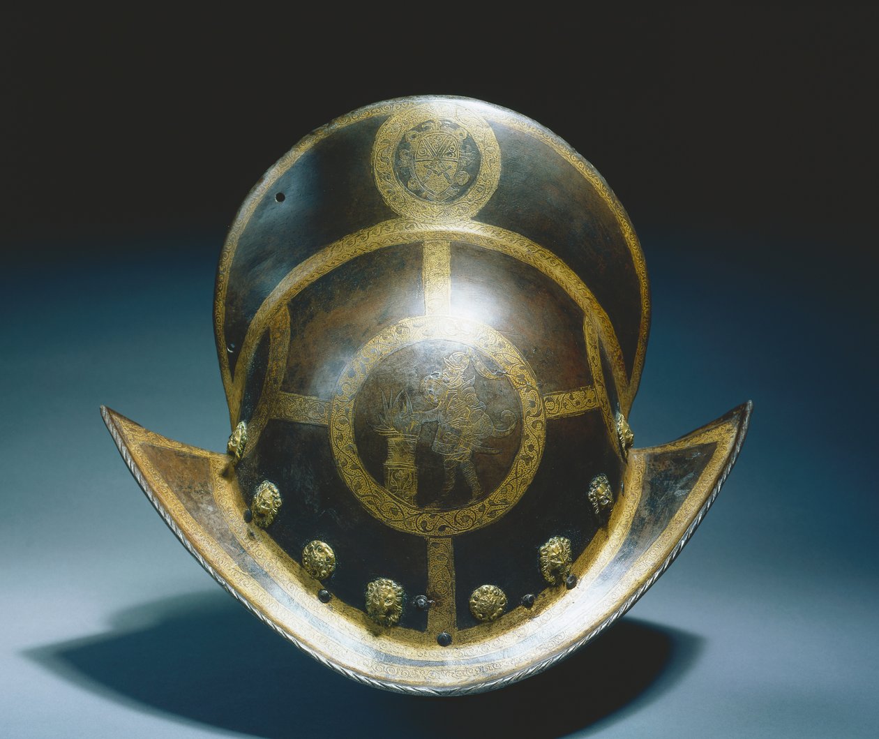 Morion fra statsgarden til kurfyrst Christian I av Sachsen, Nürnberg, ca. 1580-91 (etset og forgylt russet stål) av German School