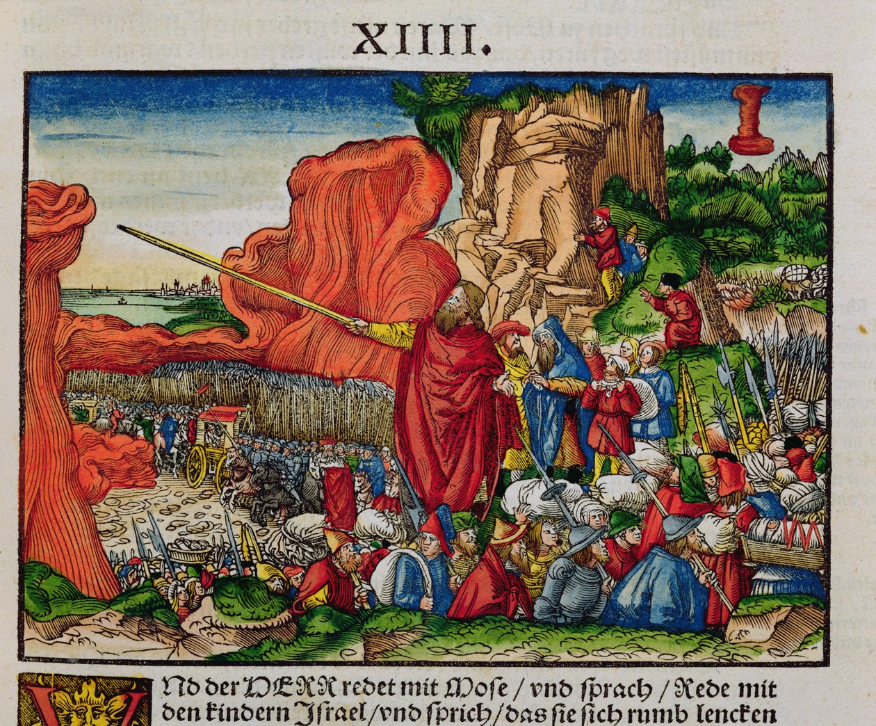 Moses krysser Rødehavet, fra Lutherbibelen, ca. 1530 (farget tresnitt) av German School