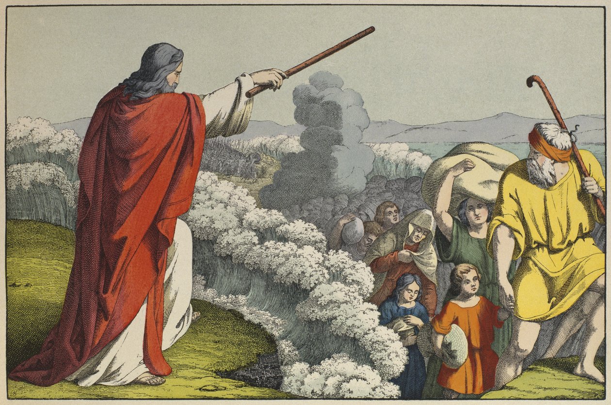 Moses som deler vannet i Rødehavet, illustrasjon fra Lancien Testament, utgitt av Jakob Ferdinand Schreiber, Esslingen (fargegravering) av German School