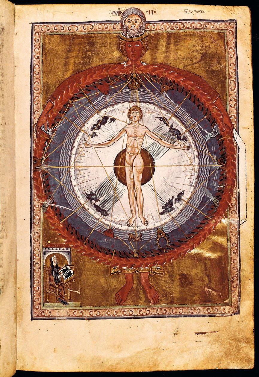 Ms 1942 The Cosmic Spheres and Human Being, visjon av Hildegard av Bingen fra "Liber Divinorum Operum", ca. 1220-30 av German School