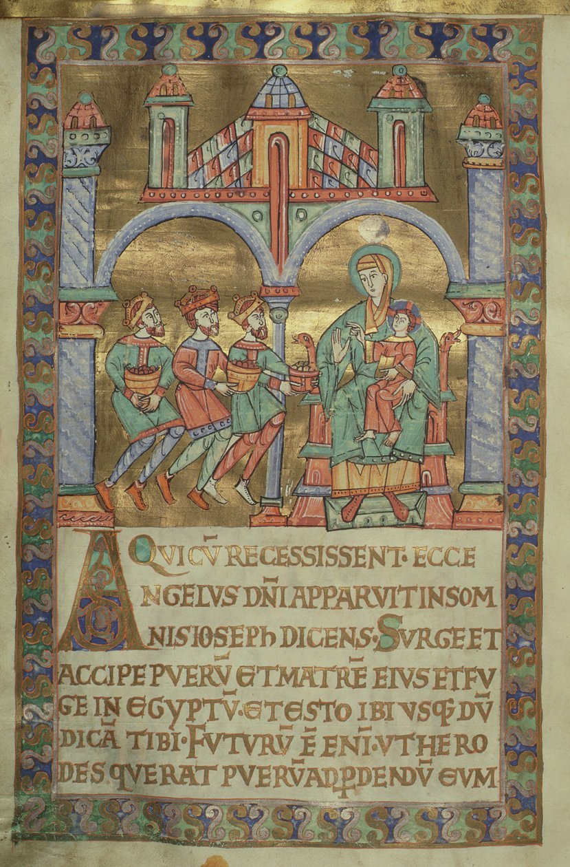 Fru Czart. 1207, IV, fol.V v. Adoration of the Magi, fra The Evangeliarium of Plock Cathedral, ca. 1075 av German School