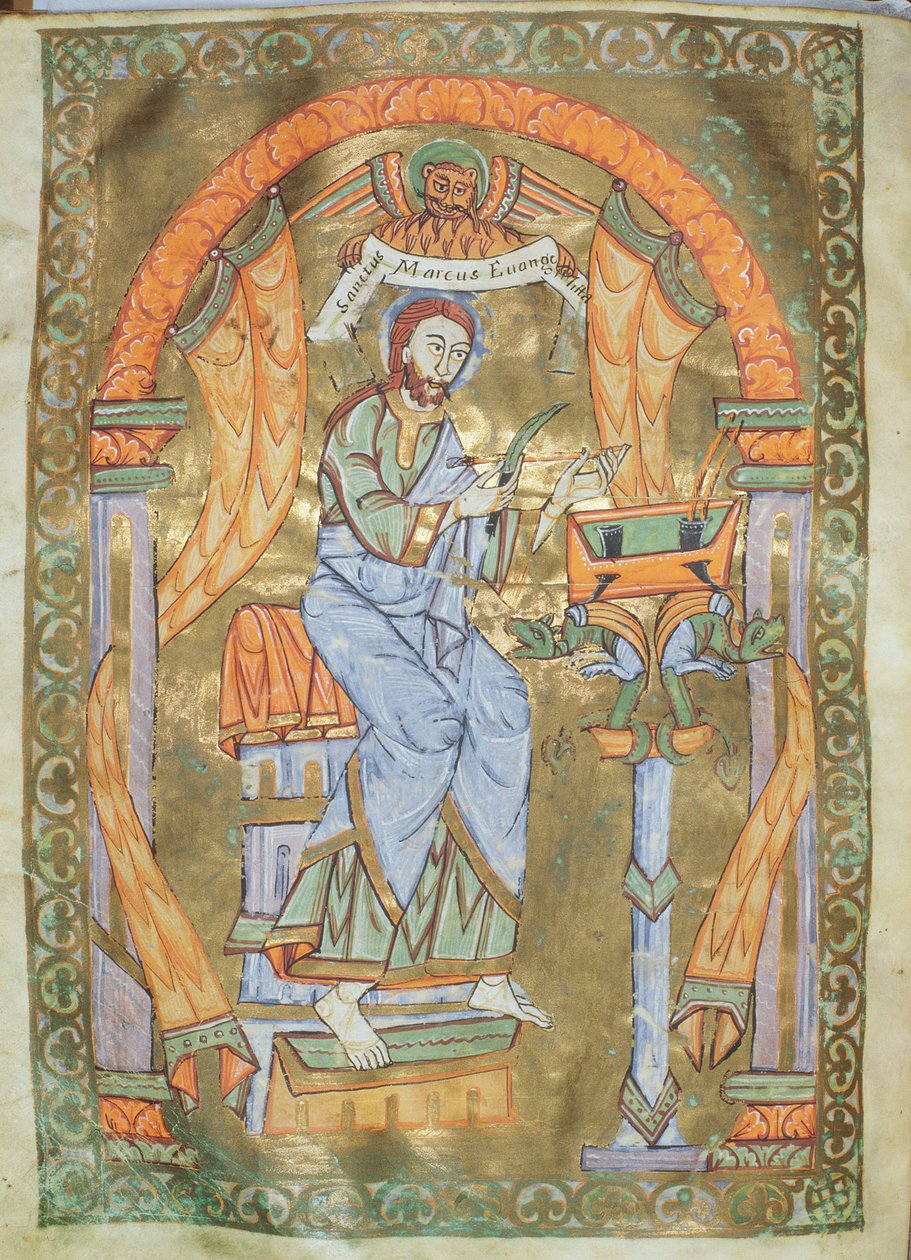 Ms Czart 1207 IV fol 76v St. Mark the Evangelist, fra The Evangeliarium of the Cathedral of Plock, ca. 1075 av German School