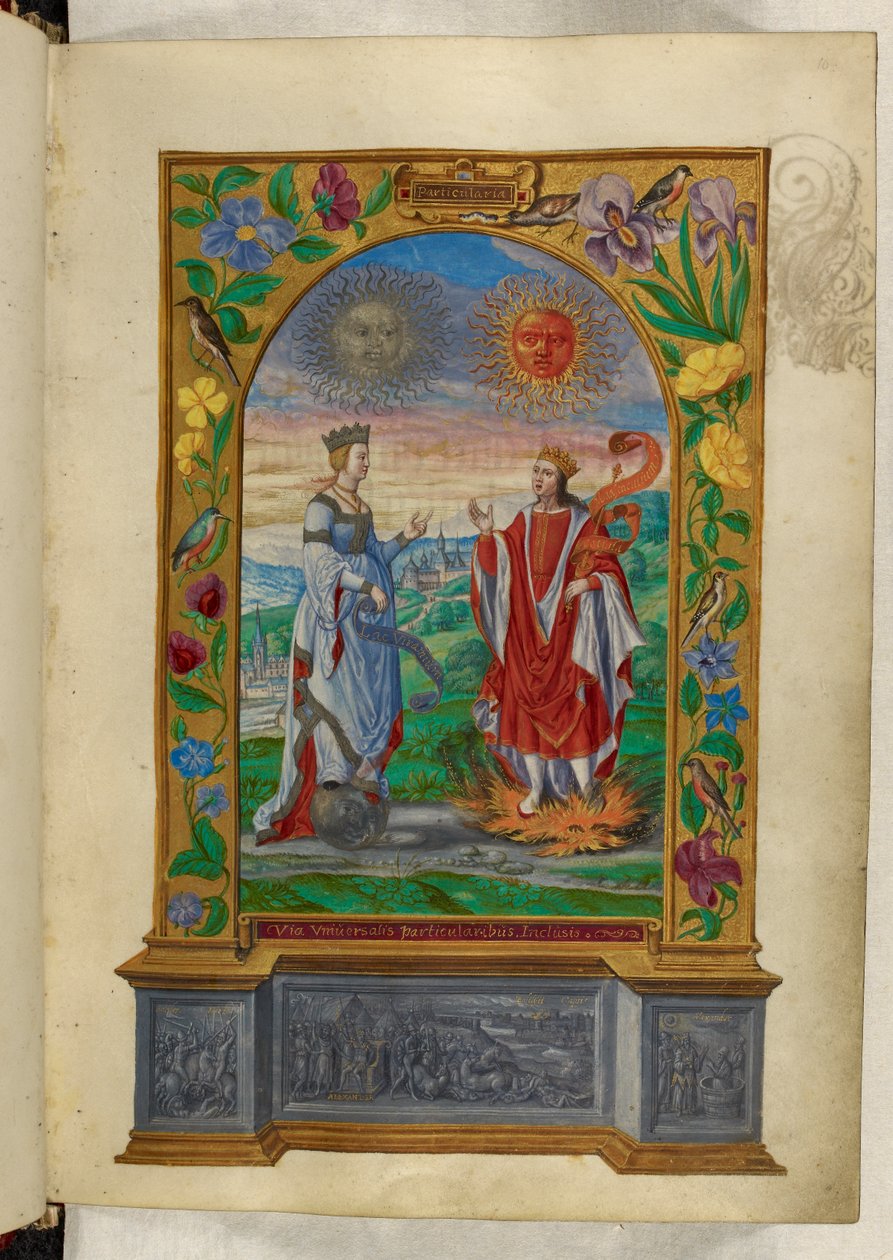Ms Harley 3469 f.10 Miniatyr av en konge og dronning med ruller, fra 