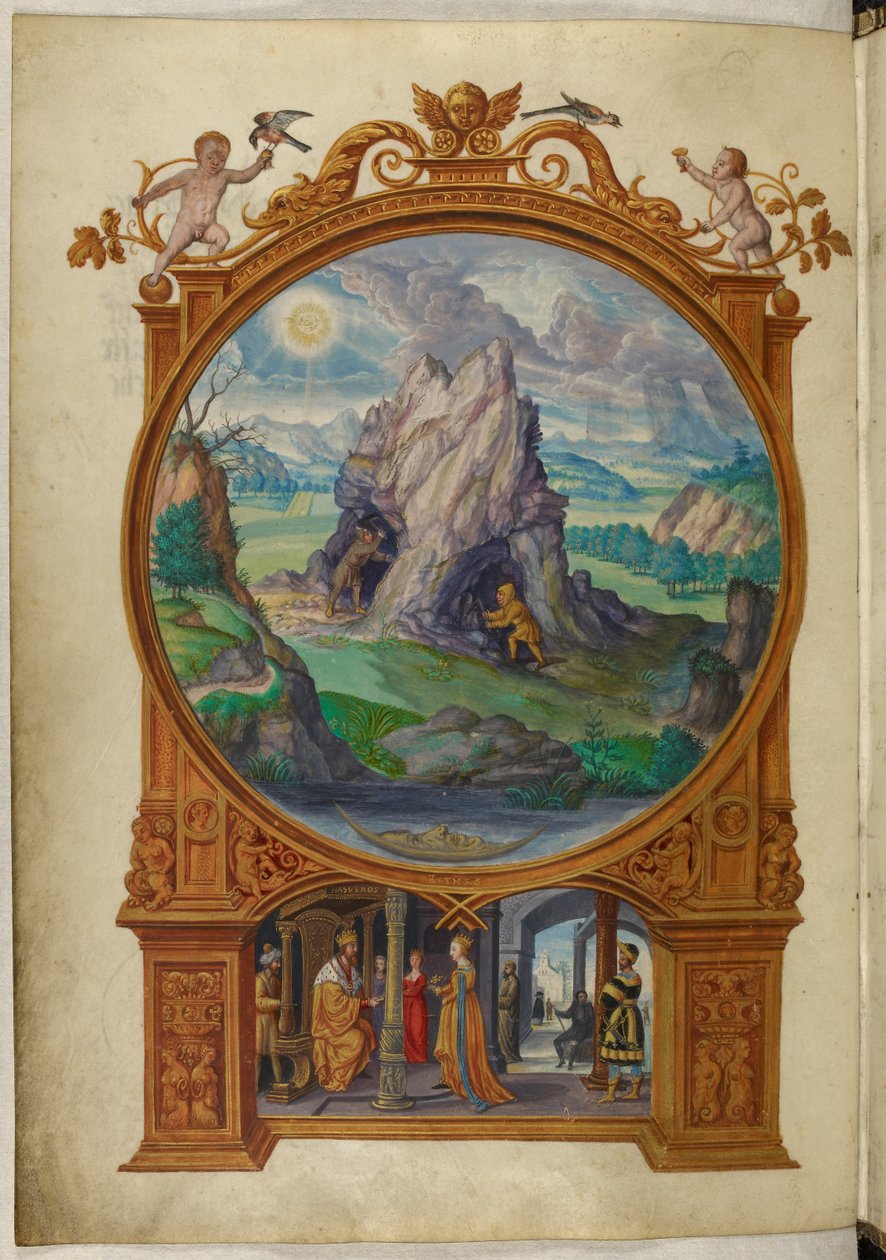 Ms Harley 3469, f.13v Alkymister søker etter gull, den første lignelsen, fra 'Splendor Solis' av Salomon Trismosin av German School