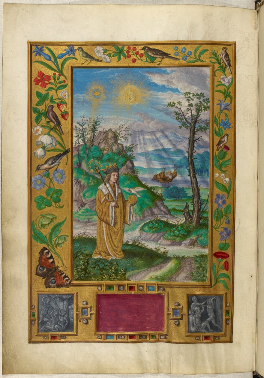 Ms Harley 3469, f.16v Kronet figur med septer og ball, tredje lignelse, fra 