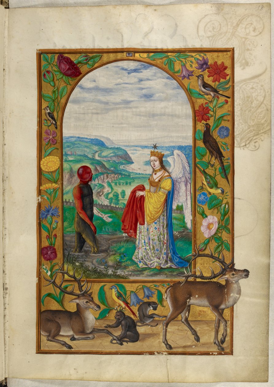 Ms Harley 3469, f.18 Queen tilbyr kappe til mannen i bassenget, den fjerde lignelsen, fra 'Splendor Solis' av Salomon Trismosin av German School
