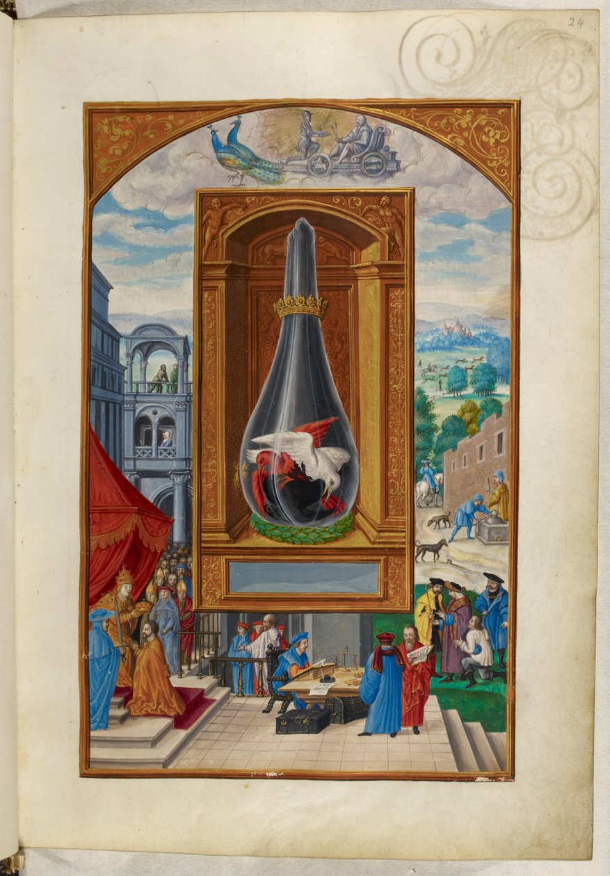 Ms Harley 3469, f.24 Tre fugler som kjemper i kolbe, den fjerde avhandlingen, fra 'Splendor Solis' av Salomon Trismosin av German School