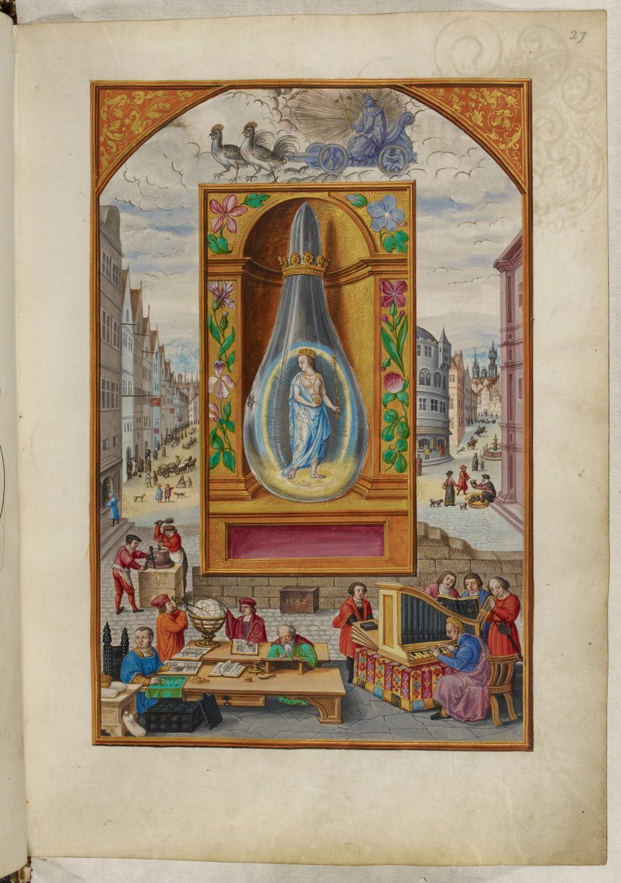 Ms Harley 3469, f.27 En dronning i en kolbe, The Fourth Treatise, fra 