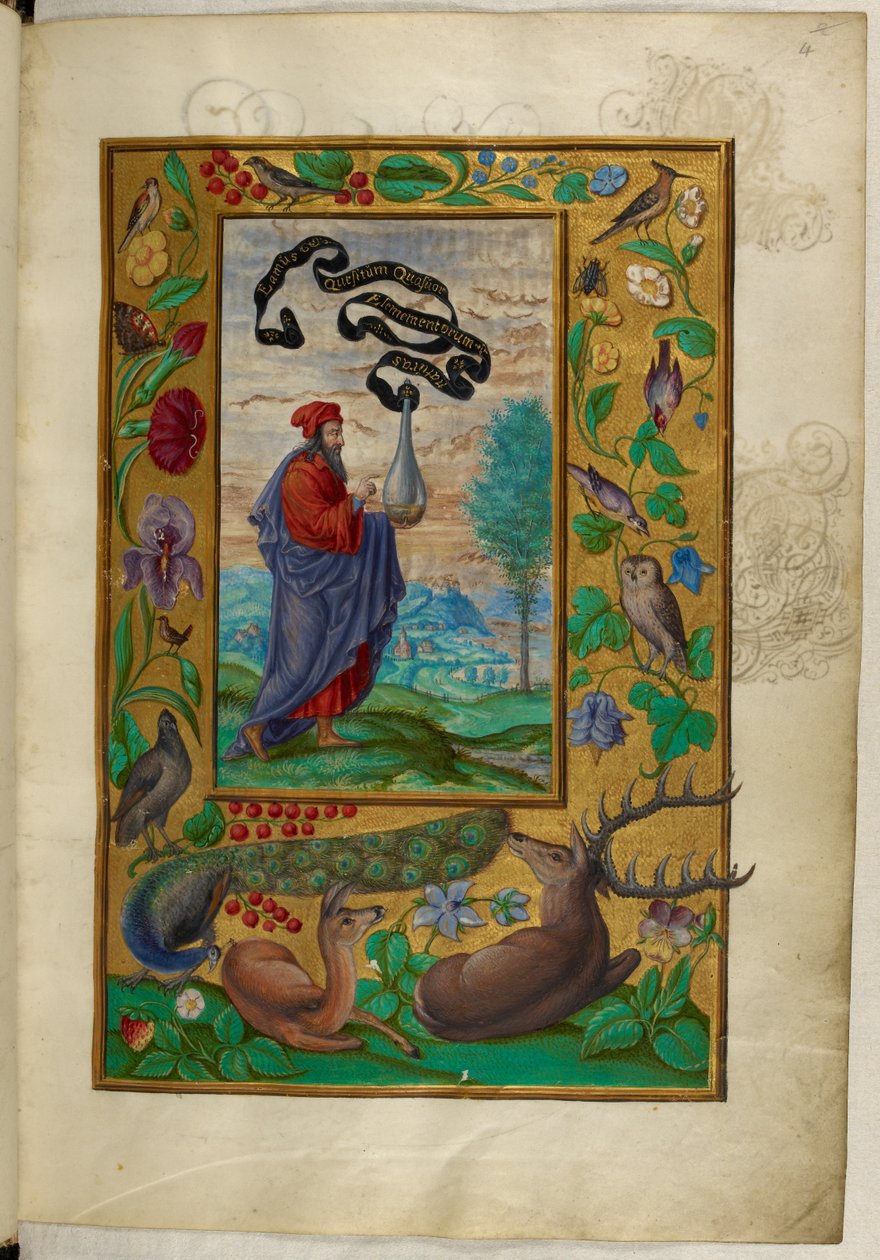 Ms Harley 3469, f.2 Filosof med kolbe, den første avhandlingen, fra 'Splendor Solis' av Salomon Trismosin av German School