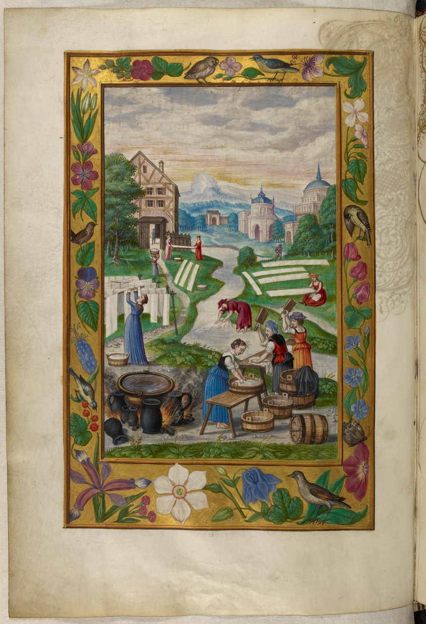Ms Harley 3469, f.32v Kvinner engasjert i klesvask, The Fifth Treatise, fra 