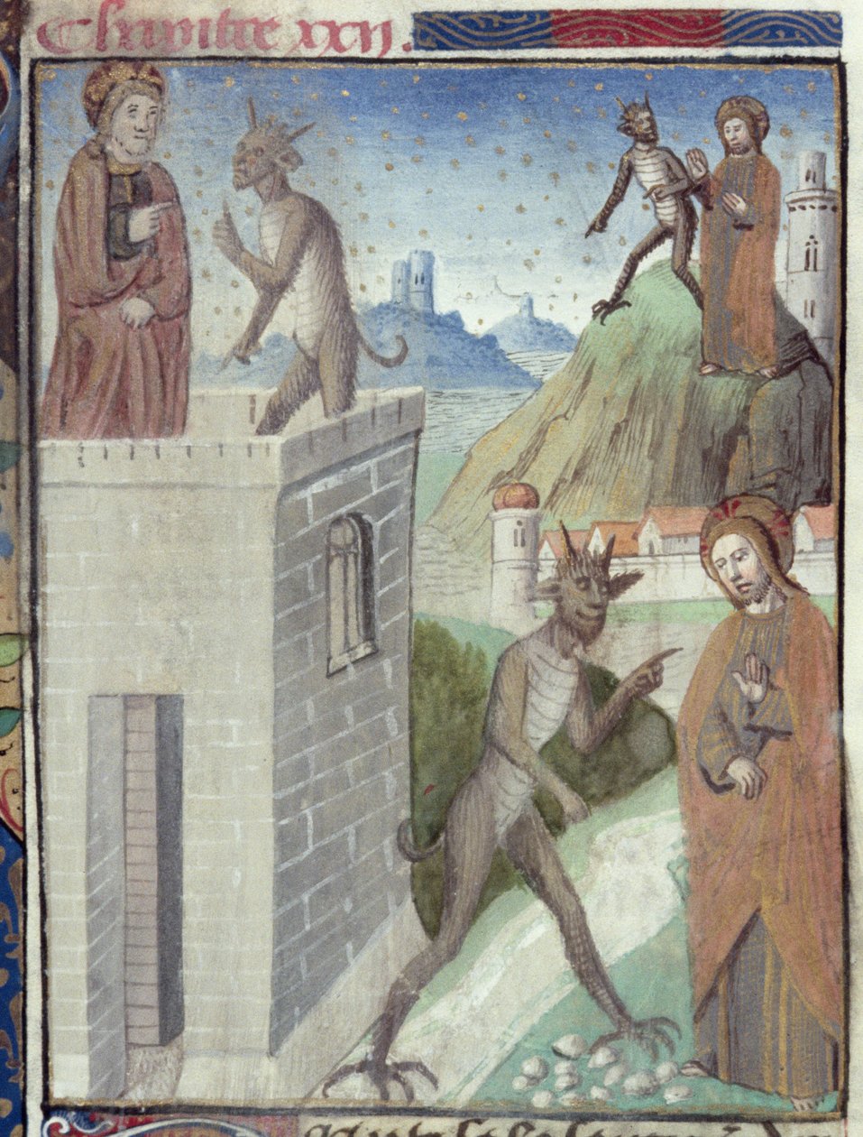 Ms Hunter 36 f.110r The Three Scenes of the Temptation, fra Vita Christi, av Ludolf av Sachsen, ca. 1300-7778 av German School