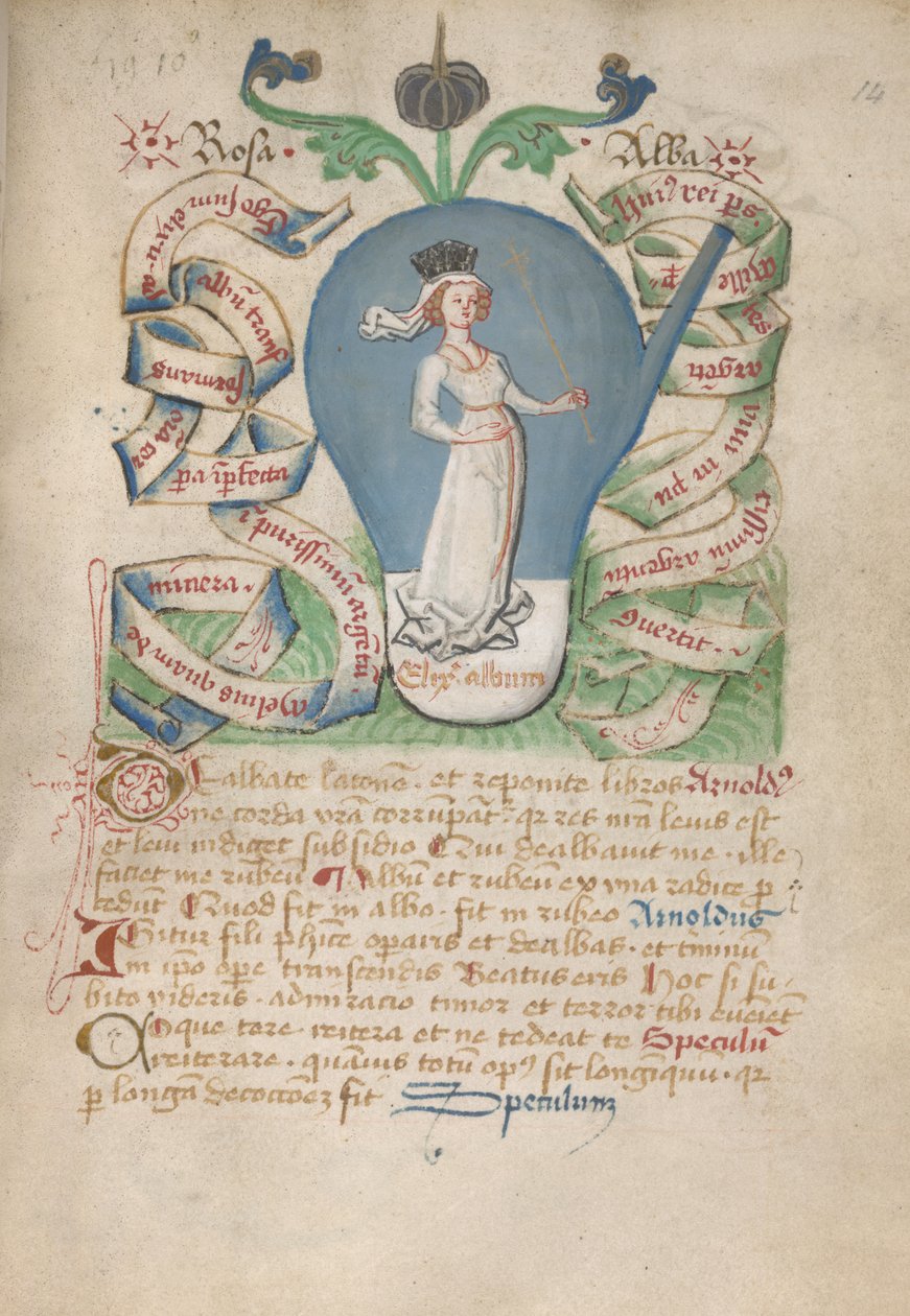 Ms Sloane 2560, f.14 from the Alchemical Treatises, late 15th century (vellum)   1354198   no       norwegian Successfully Translated  Original: View of All Hallows Church, buildings and figures on Bread Street, City of London, 1851 Translat: View of All H av German School