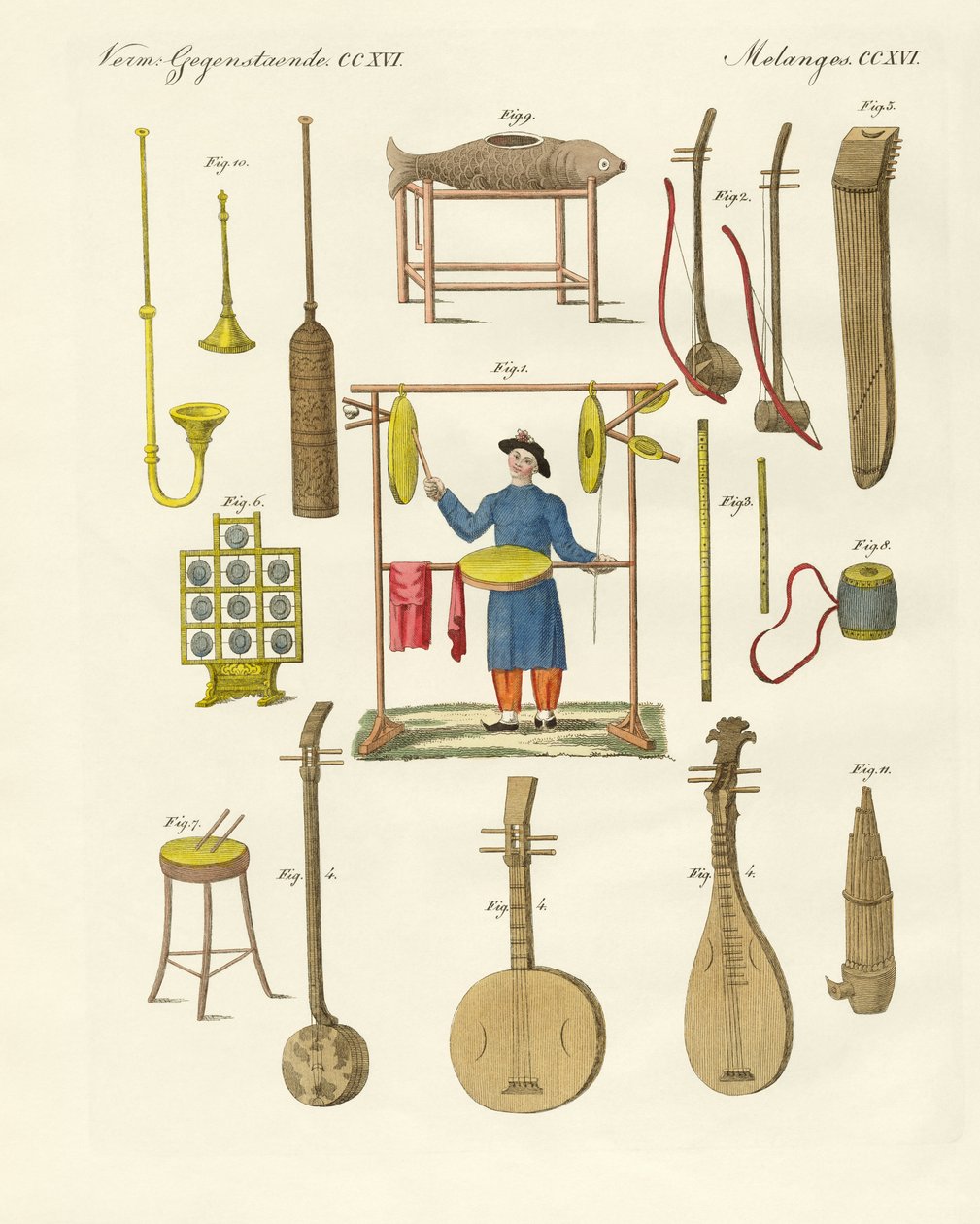 Musikkinstrumenter av kineserne (farget gravering) av German School