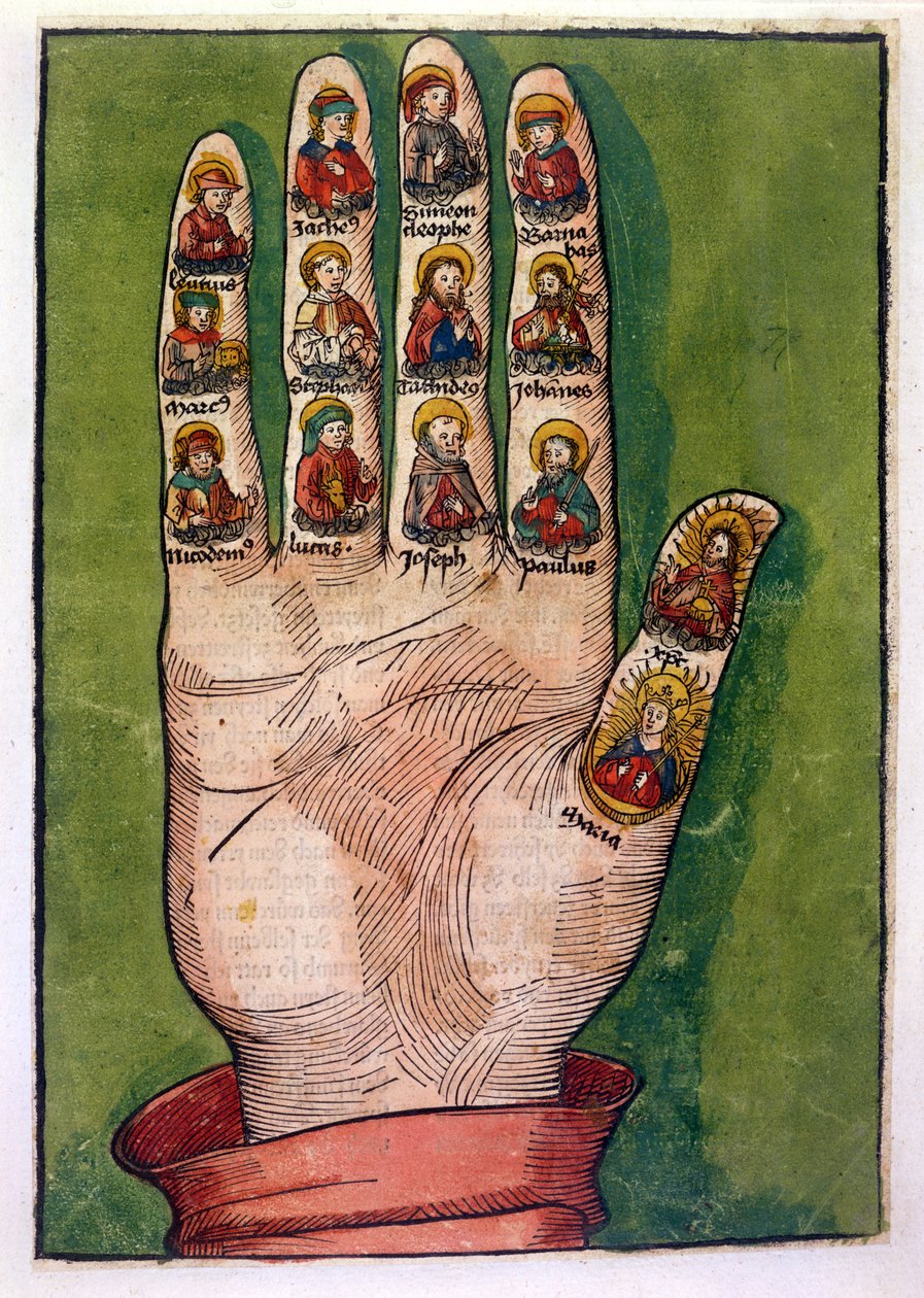 Mystisk hånd til Birgitta av Sverige som viser Kristus, Jomfru Maria, apostler og andre, 1491 (håndfarget gravering) av German School