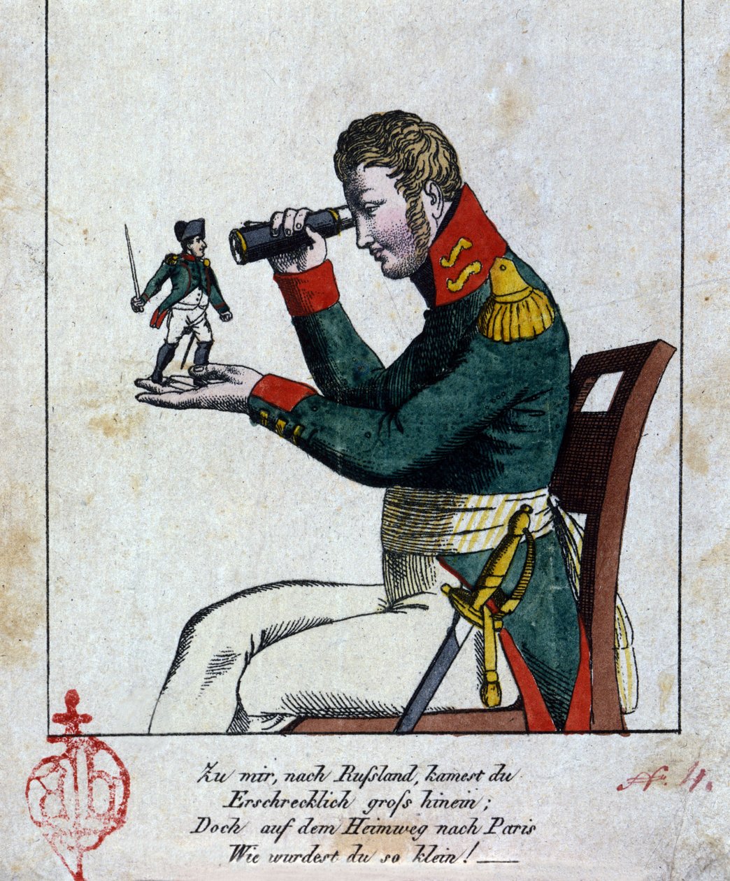 Napoleon I: russekampanjen Hjemme, i Russland, kom du fryktelig stor, men på vei tilbake til Paris, da du var (ble) liten! (dessuten rimer det!!!) Kyss. Tysk karikatur fra 1800-tallet av German School