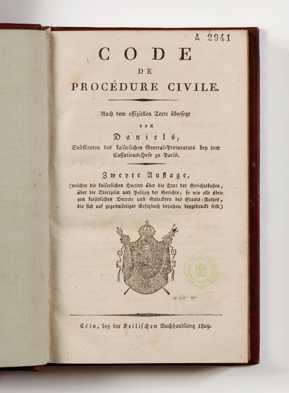 Napoleonsk kode for sivil prosedyre for de franske avdelingene ved Rhinens venstre bredd, åpen på tittelsiden, Köln, 1809 (trykt papir) av German School