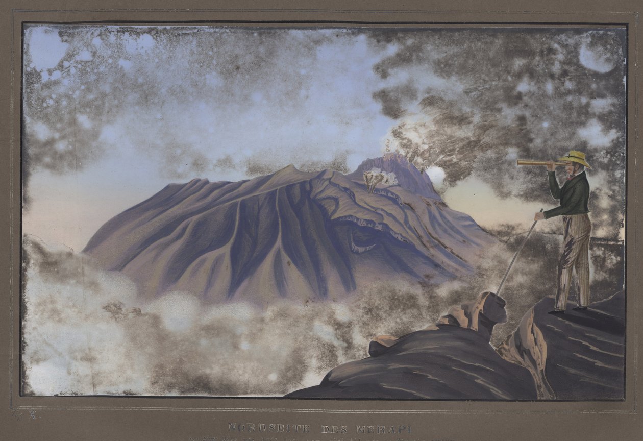Nordsiden av Merapi sett fra den sørlige skråningen av Merbabu, pl.X, fra Topografisk og Scientific Atlas of the Journey through Java, av Dr. p. Junghuhn, Magdeburg, 1845 (farge lith av German School