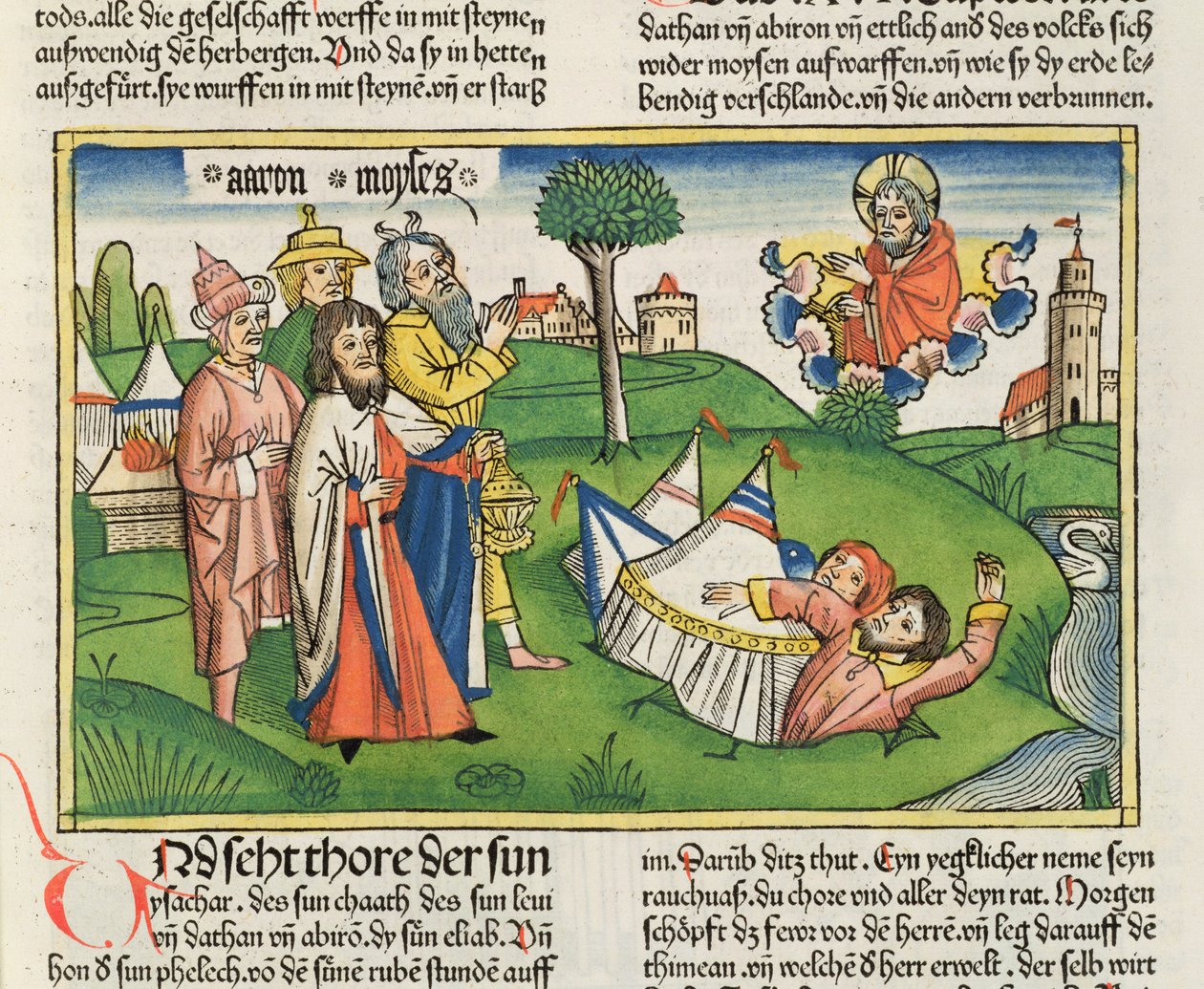 Nummer 16 32 Jorden svelger opprørerne Dathan og Abiram, fra Nürnbergbibelen (Biblia Sacra Germanaica) (farget tresnitt) av German School