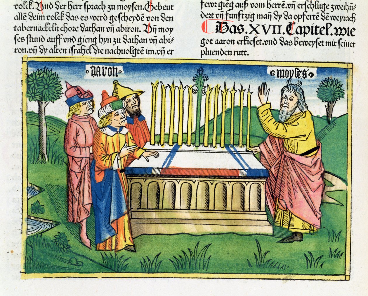 Nummer 17 1-11 Aarons stav blomstrer på alteret, fra Nürnbergbibelen (Biblia Sacra Germanaica) (farget tresnitt) av German School
