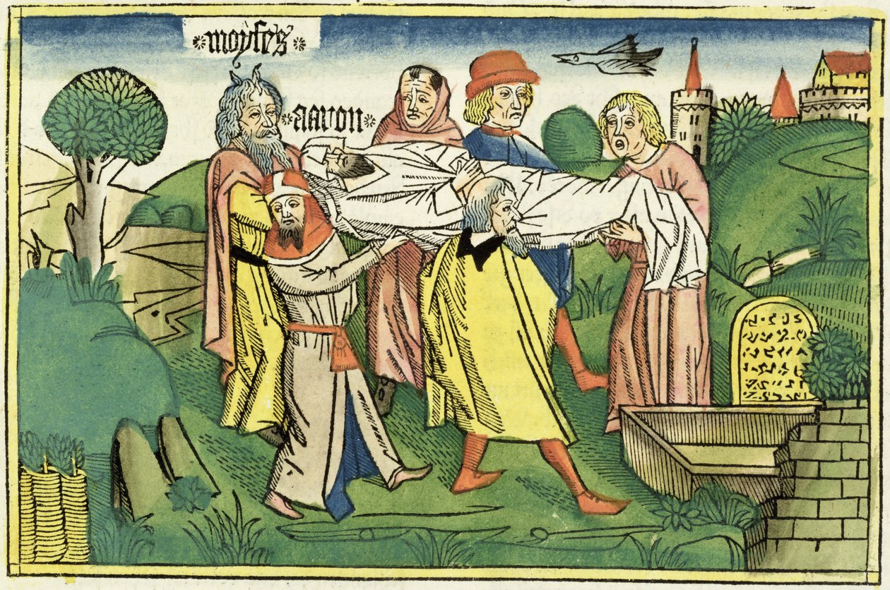 Nummer 20 22-29 Arons død, fra Nürnbergbibelen (Biblia Sacra Germanaica) (farget tresnitt) av German School