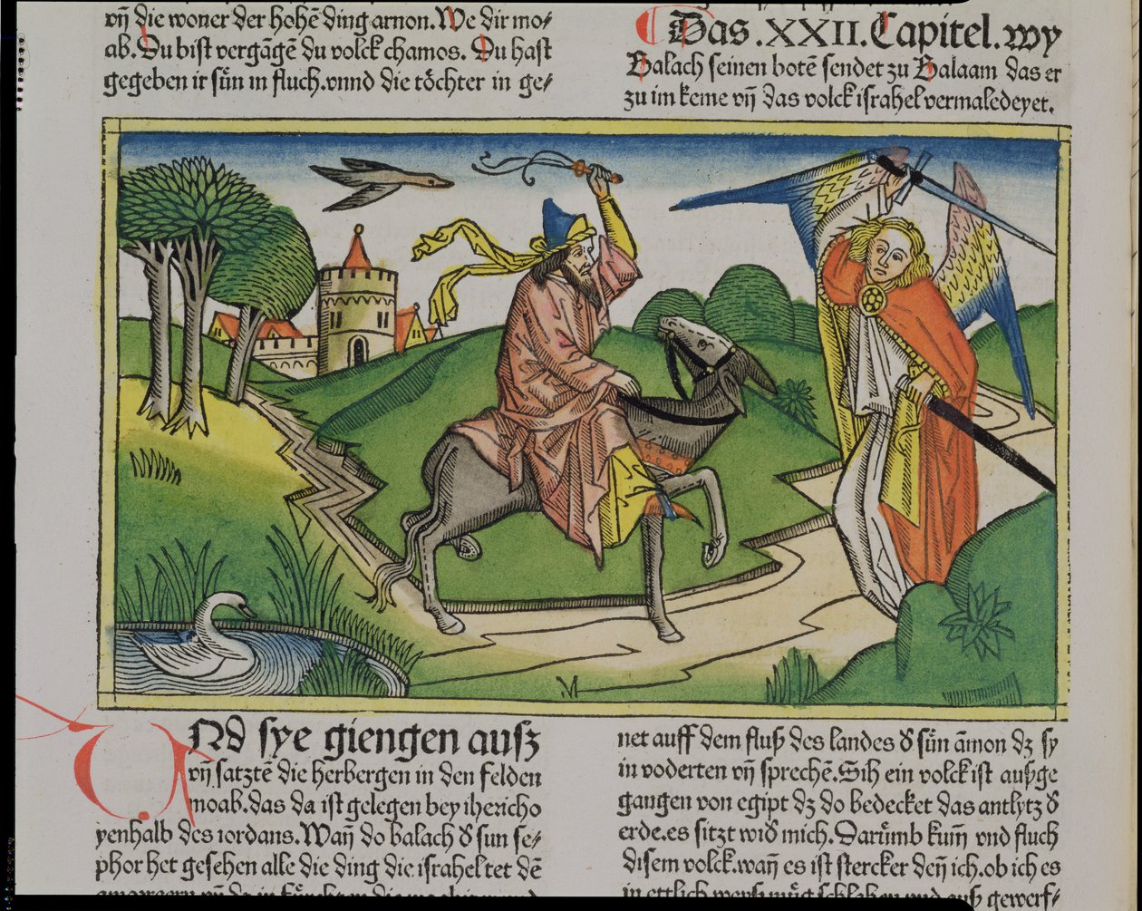 Nummer 22 20-35 Bileams snakkende ass, fra Nürnbergbibelen (Biblia Sacra Germanaica) (farget tresnitt) av German School