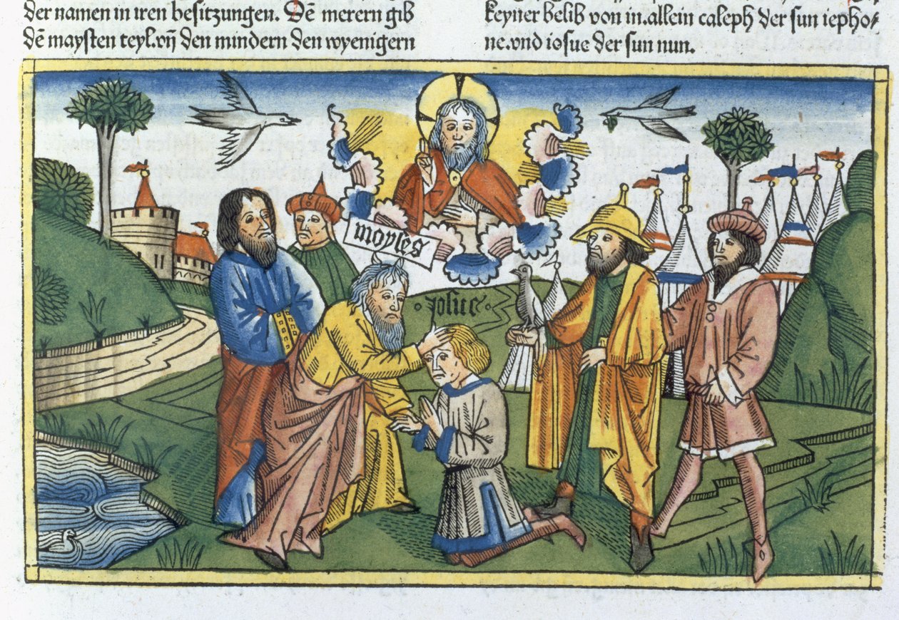 4. Mosebok 27 18-23 Moses legger hånden på Josva, fra Nürnbergbibelen (Biblia Sacra Germanaica) (farget tresnitt) av German School