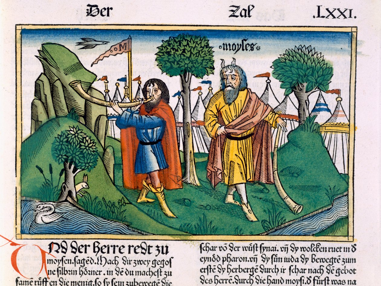 Nummer 2 Israelittenes leiroppgaver, fra Nürnbergbibelen (Biblia Sacra Germanaica) (farget tresnitt) av German School
