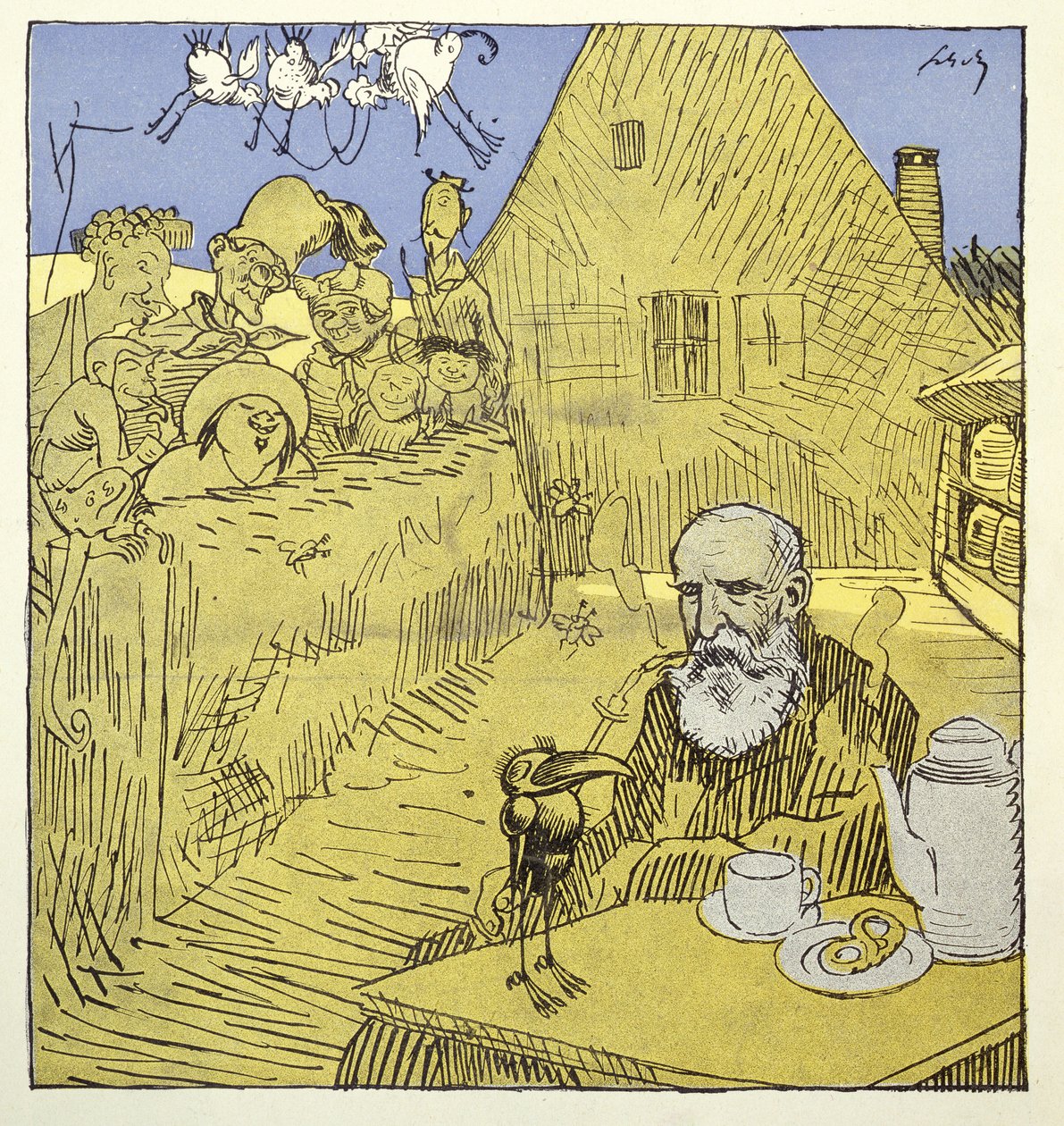 Nekrologportrett av Wilhelm Busch (1832-1908) fra magasinet Simplicissimus i januar 1908 av German School